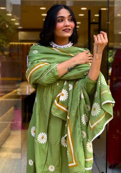 Green Printed Cotton Kurta Set