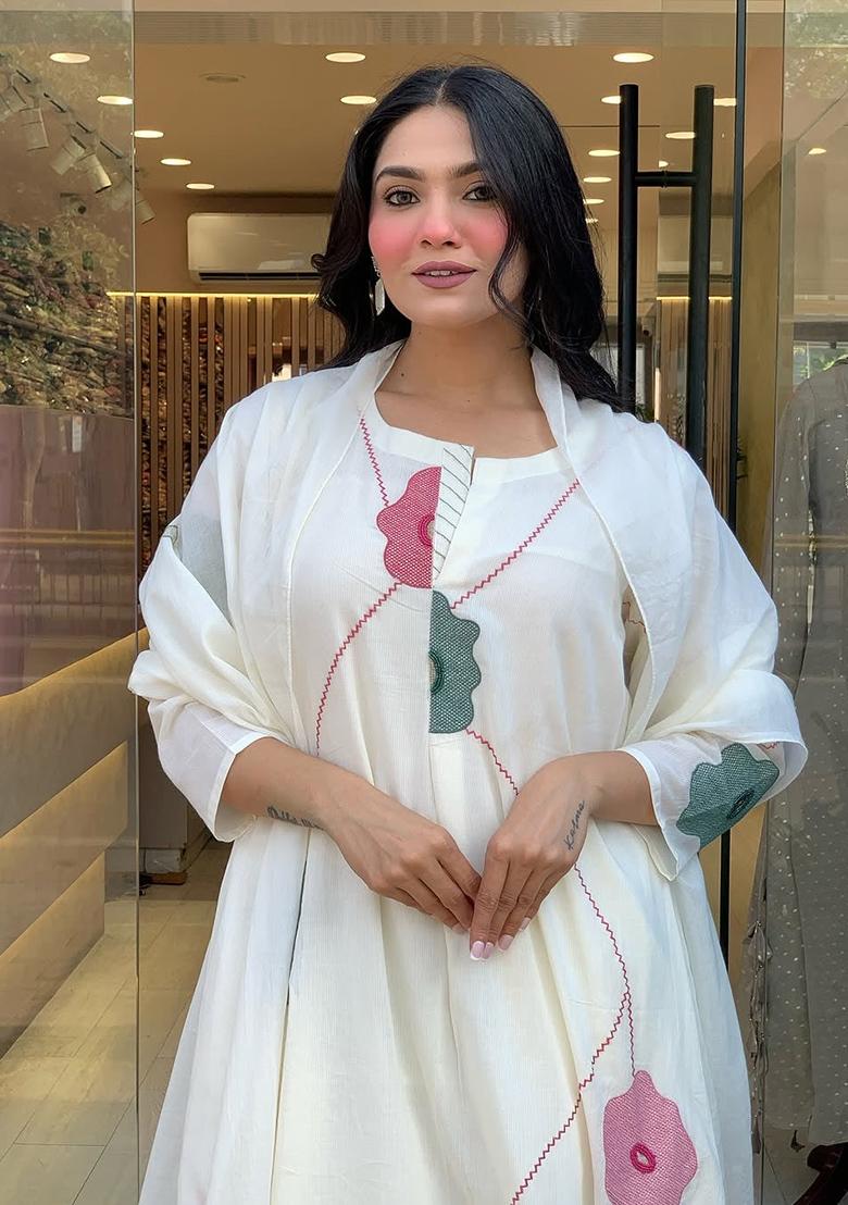 White Printed Cotton Kurta Set - Indya