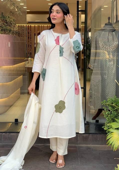 White Printed Cotton Kurta Set