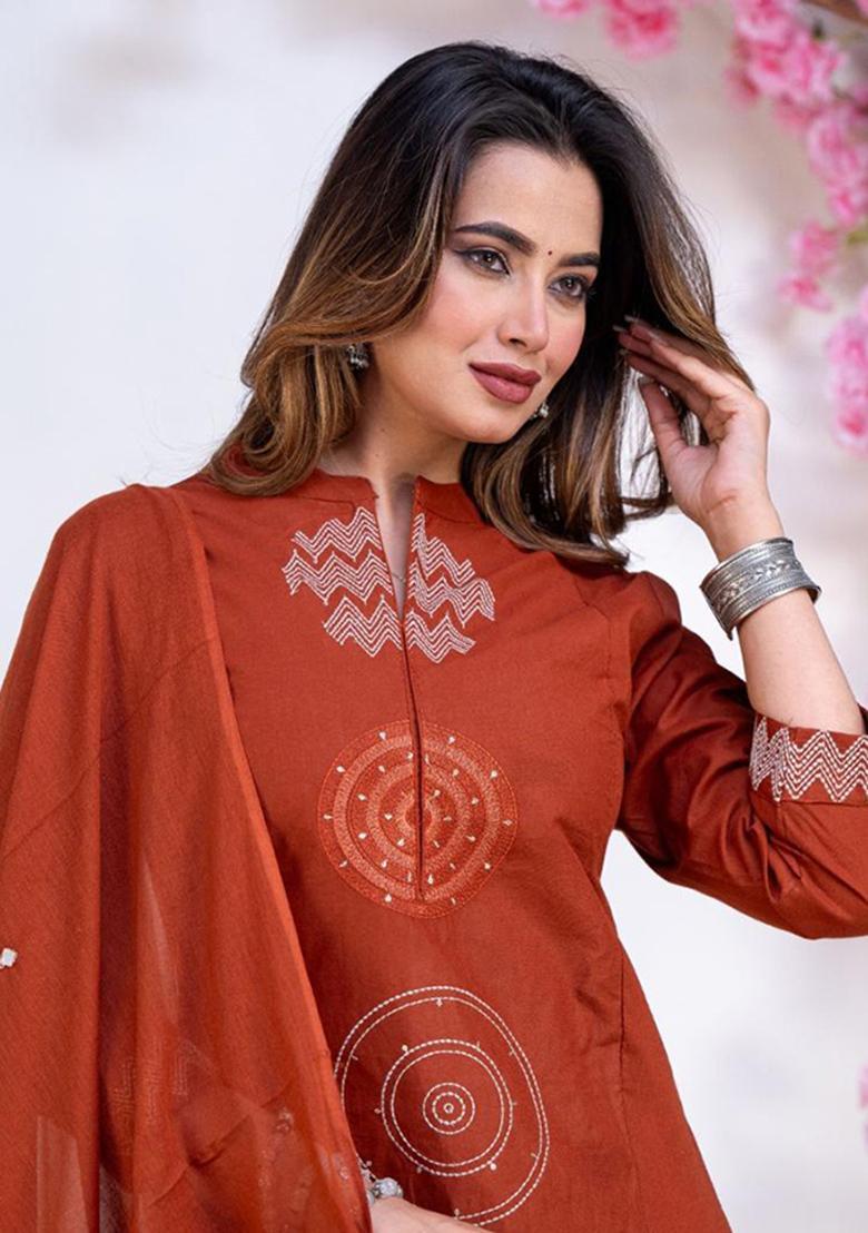 Rust Printed Cotton Kurta Set - Indya