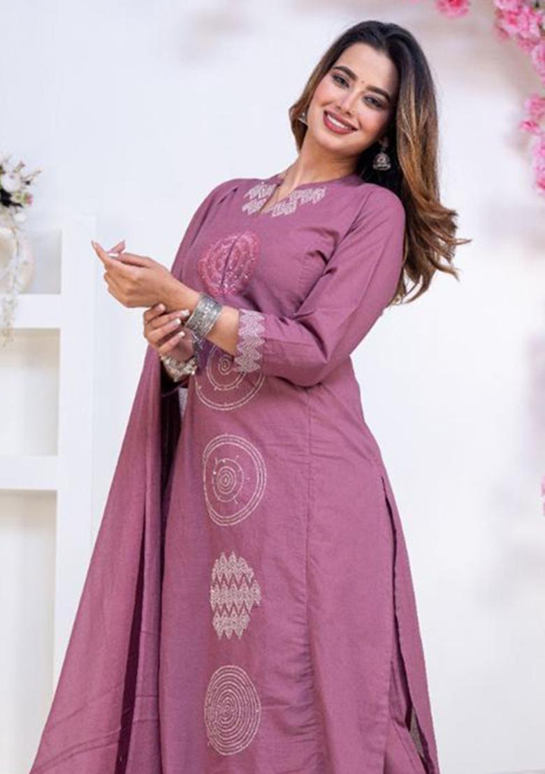 Lilac Printed Cotton Kurta Set - Indya