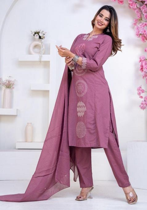 Lilac Printed Cotton Kurta Set