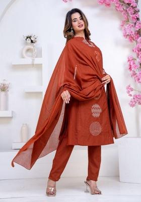 Brown Printed Cotton Kurta Set