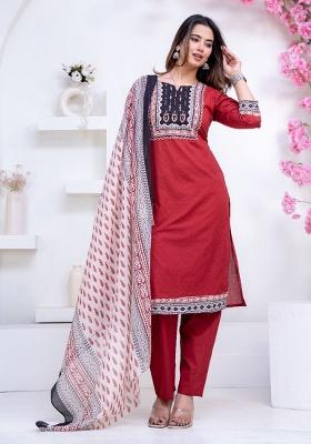 Red Printed Cotton Kurta Set
