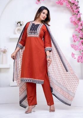 Orange Printed Cotton Kurta Set