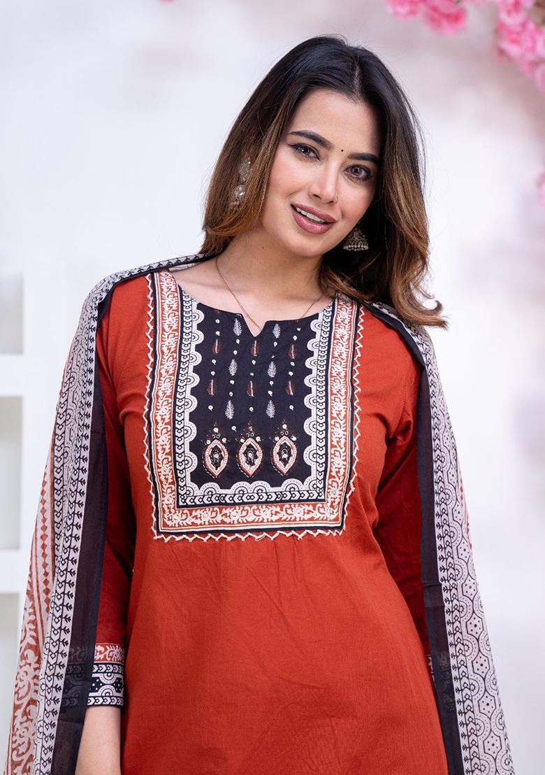 Orange Printed Cotton Kurta Set - Indya
