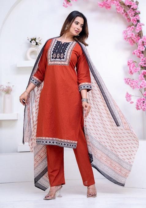 Orange Printed Cotton Kurta Set