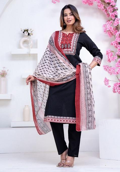 Black Printed Cotton Kurta Set