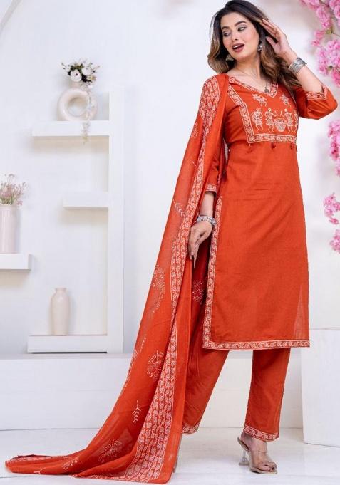 Rust Printed Cotton Kurta Set