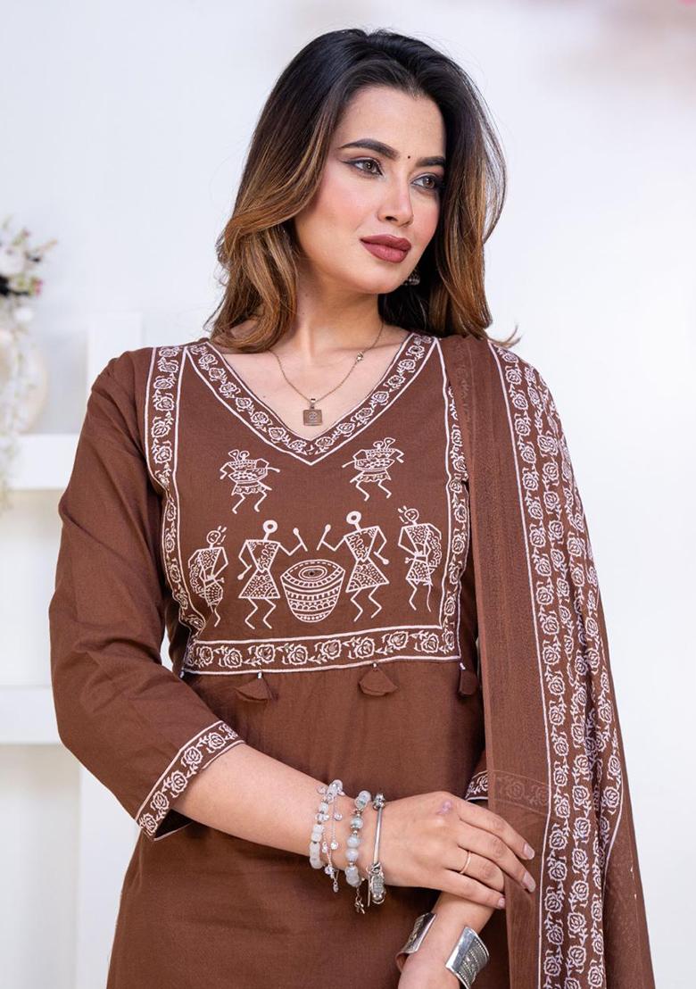 Brown Printed Cotton Kurta Set - Indya
