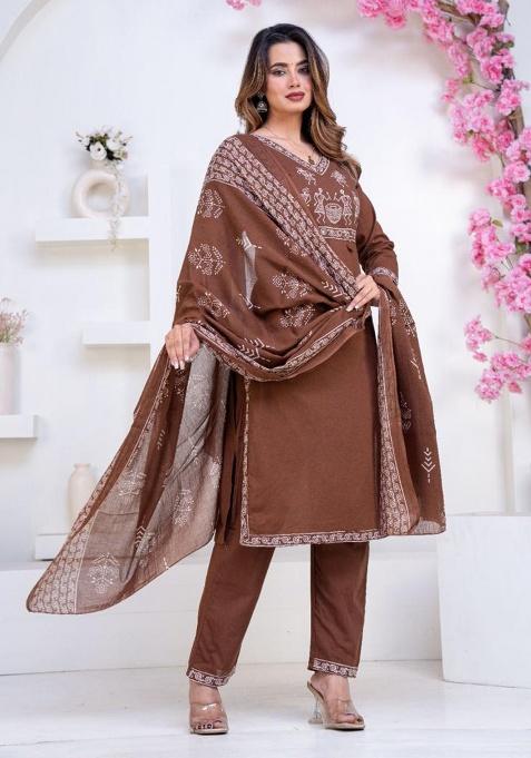 Brown Printed Cotton Kurta Set