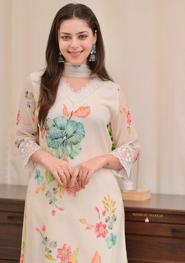 Off-White Printed Cotton Kurta Set - Indya