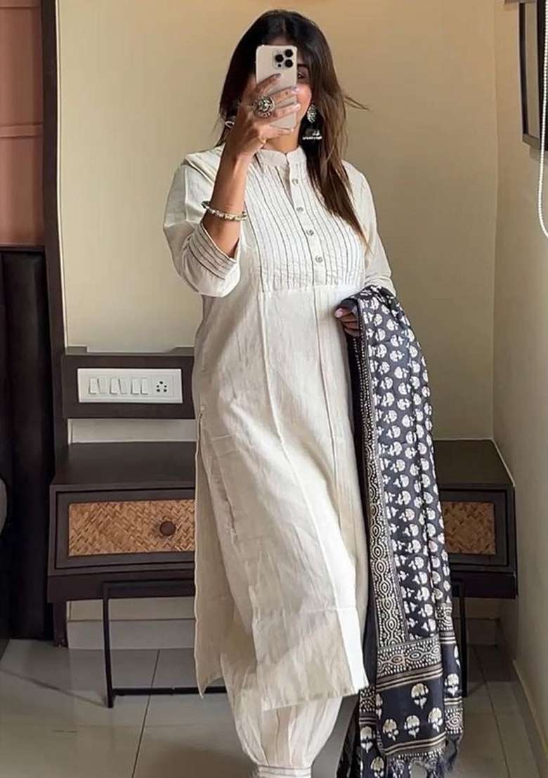 White Striped Cotton Straight Kurta Set - Indya