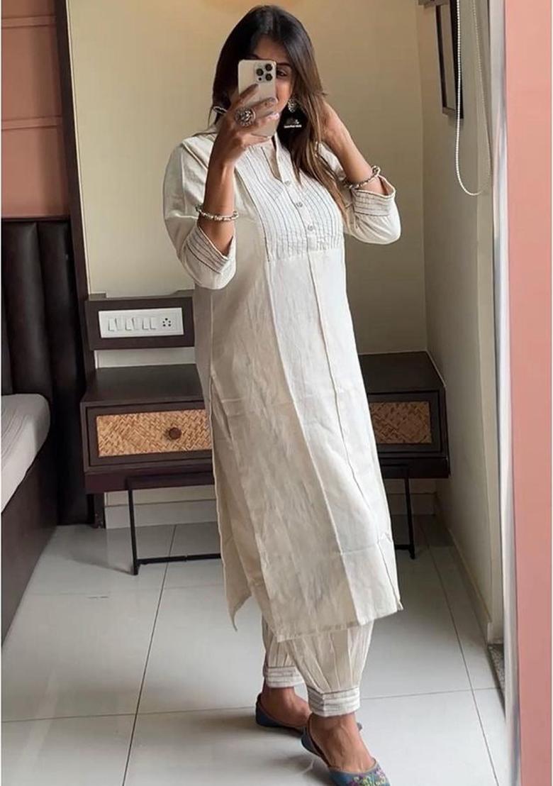 White Printed Cotton Kurta Set - Indya