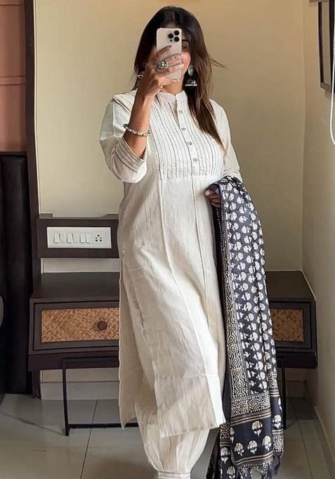 White Printed Cotton Kurta Set