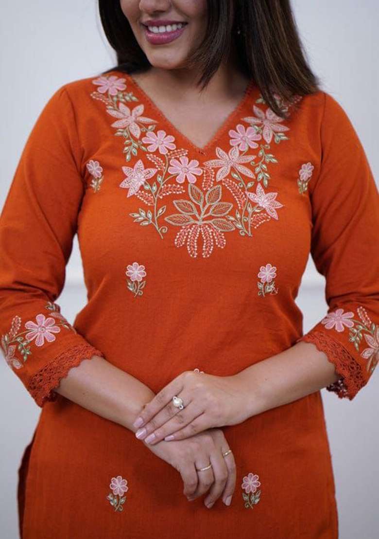 Rust Embroidered Cotton Kurta - Indya
