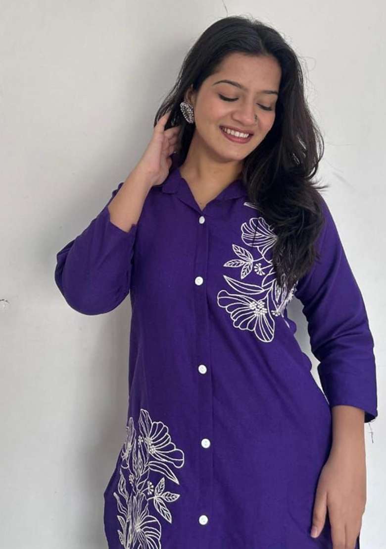 Purple Embroidered Cotton Co Ord Set - Indya