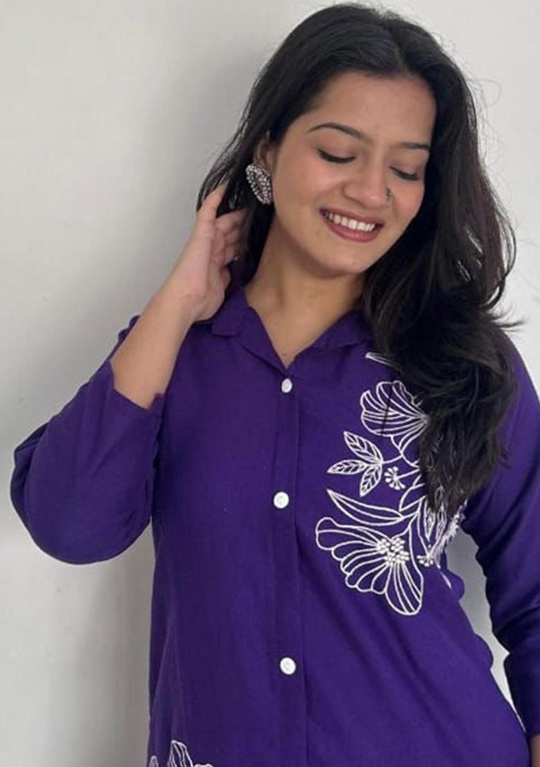 Purple Printed Cotton Kurta Set - Indya