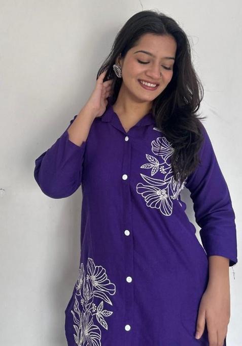 Purple Printed Cotton Kurta Set