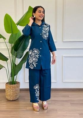 Blue Embroidered Cotton Co Ord Set