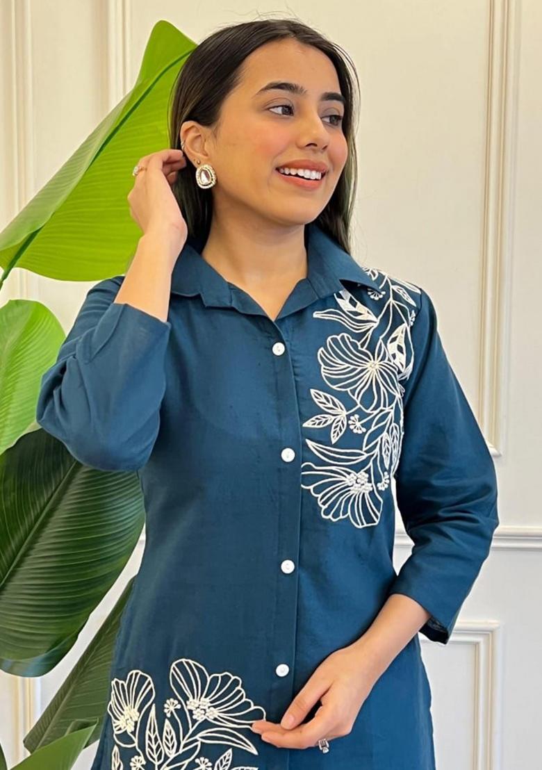 Blue Printed Cotton Kurta Set - Indya