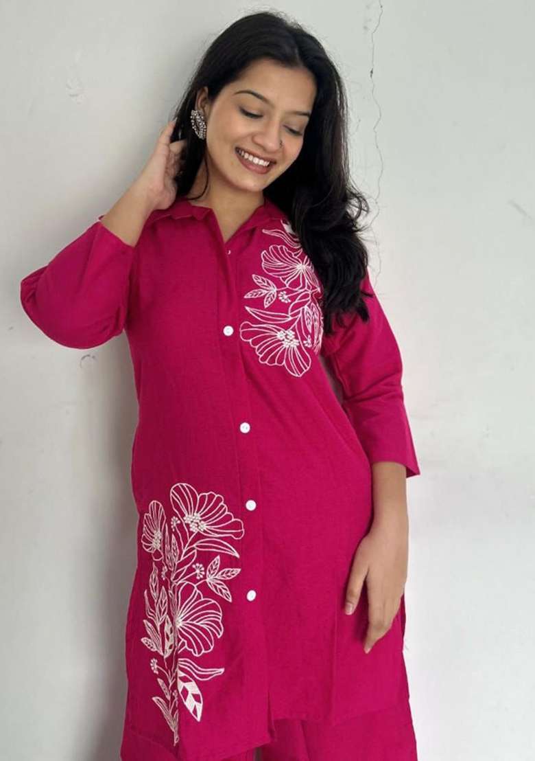 Pink Embroidered Cotton Co Ord Set - Indya