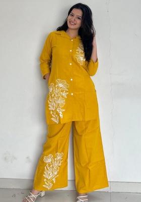 Yellow Embroidered Cotton Co Ord Set