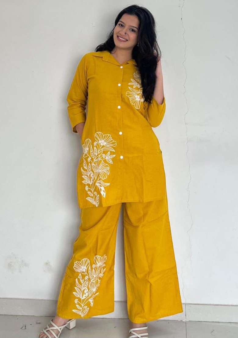 Yellow Embroidered Cotton Co Ord Set - Indya