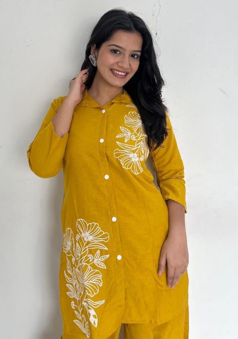Yellow Printed Cotton Kurta Set - Indya