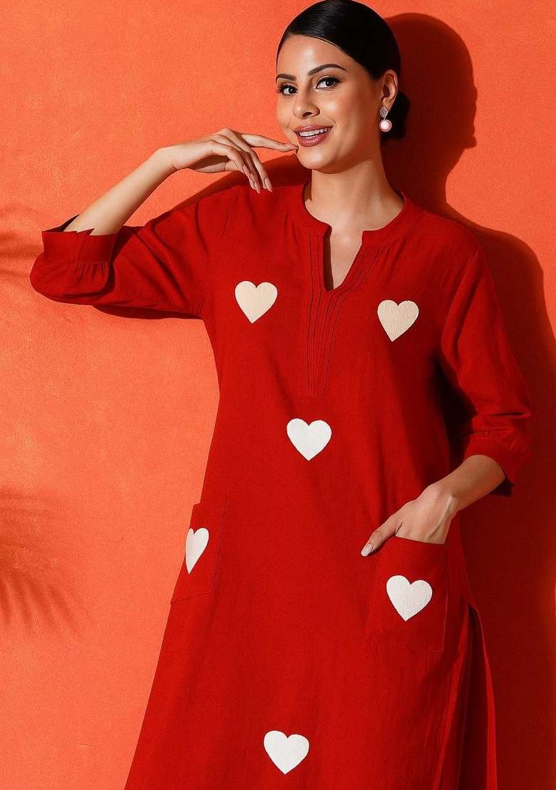 Red Embroidered Cotton Kurta - Indya