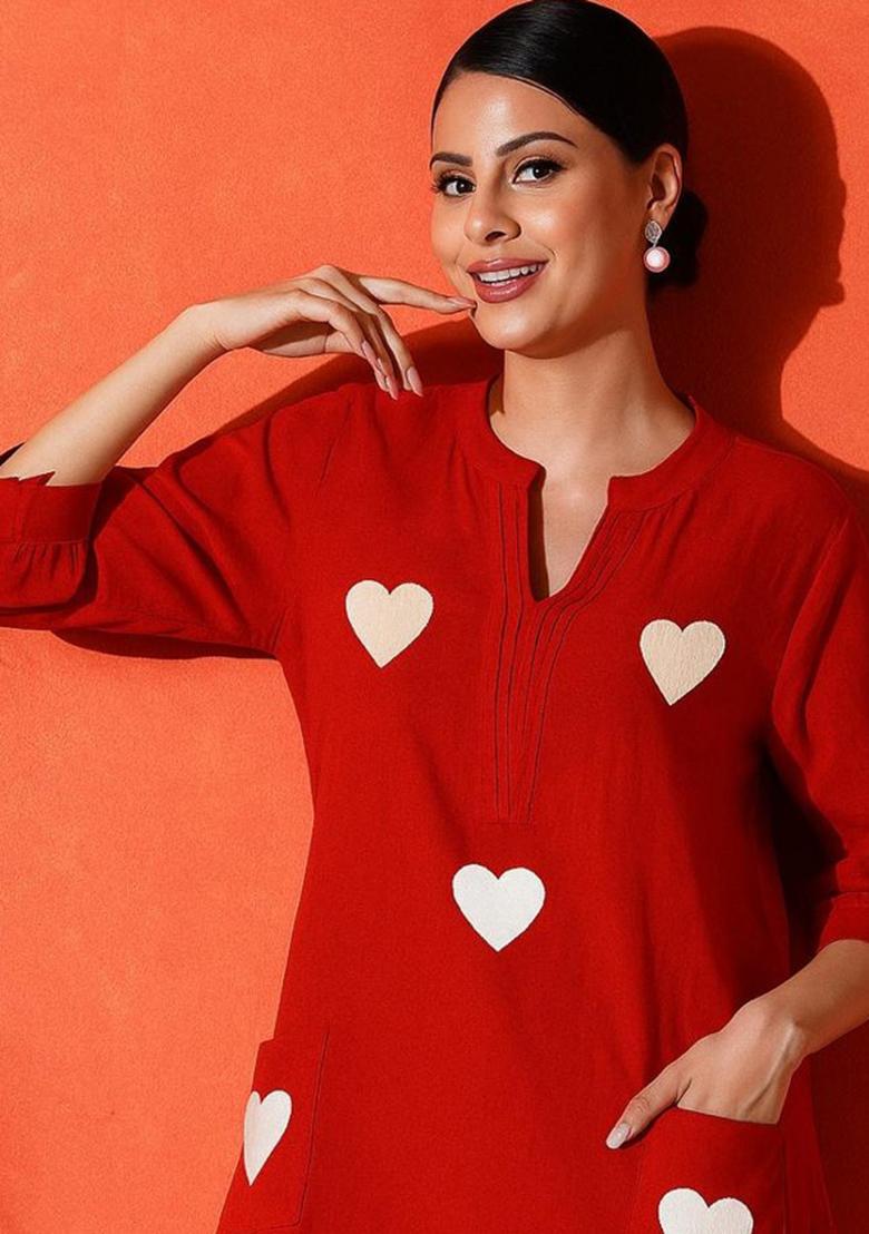 Red Printed Cotton Kurta Set - Indya