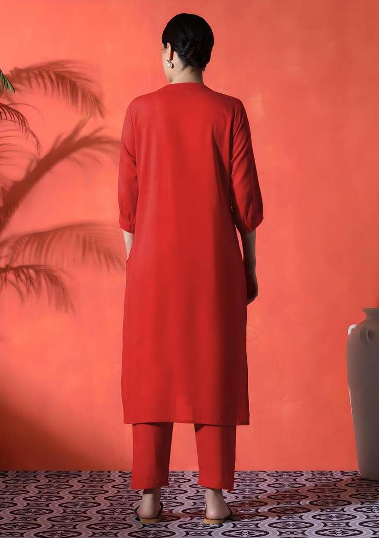 Red Embroidered Cotton Kurta - Indya