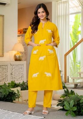 Yellow Embroidered Cotton A Line Kurta Set