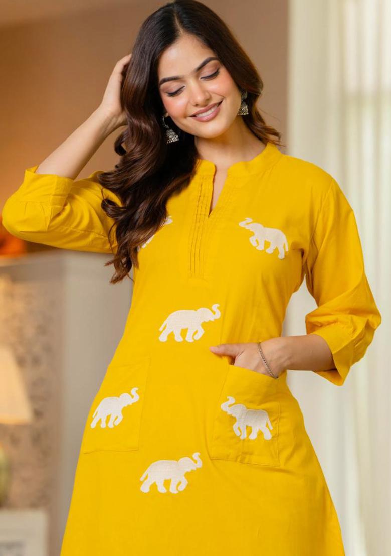 Yellow Printed Cotton Kurta Set - Indya