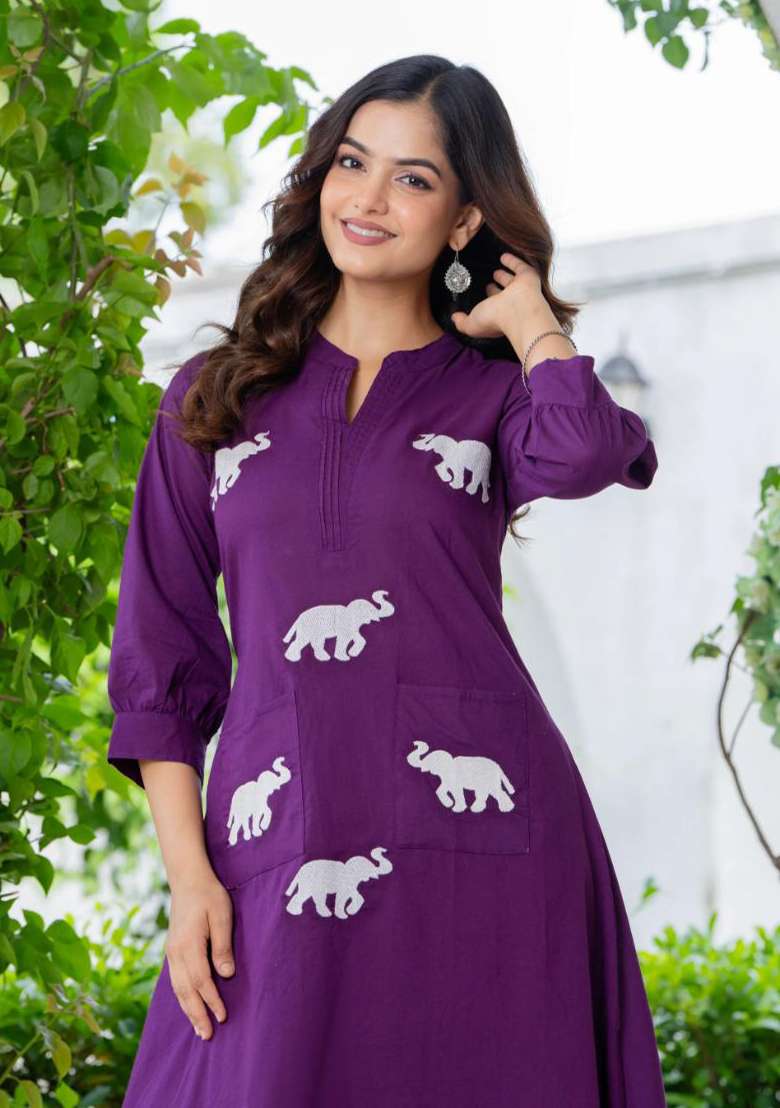 Purple Embroidered Cotton A Line Kurta Set - Indya