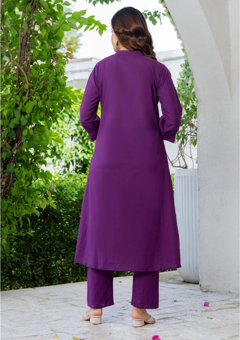 Purple Printed Cotton Kurta Set - Indya