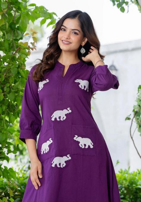 Purple Printed Cotton Kurta Set