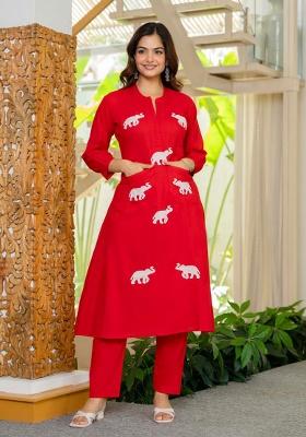 Red Printed Cotton Kurta Set