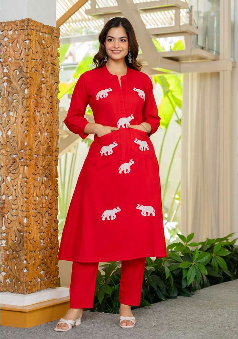 Red Embroidered Cotton A Line Kurta Set - Indya