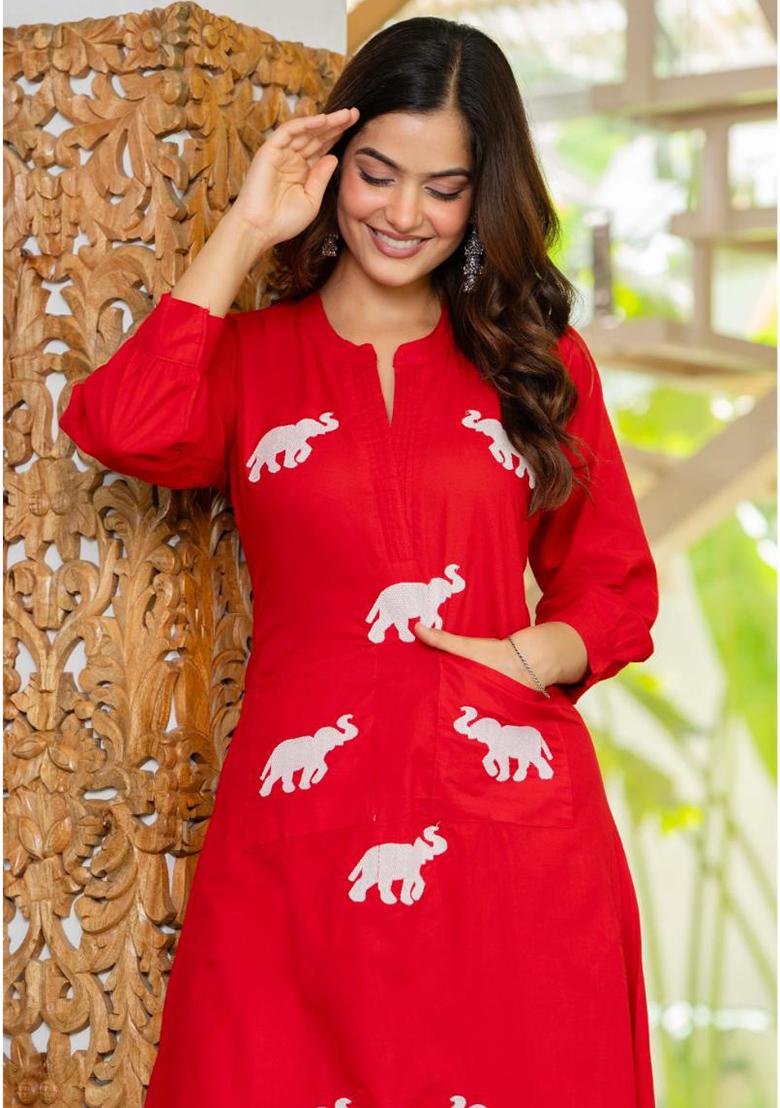 Red Printed Cotton Kurta Set - Indya