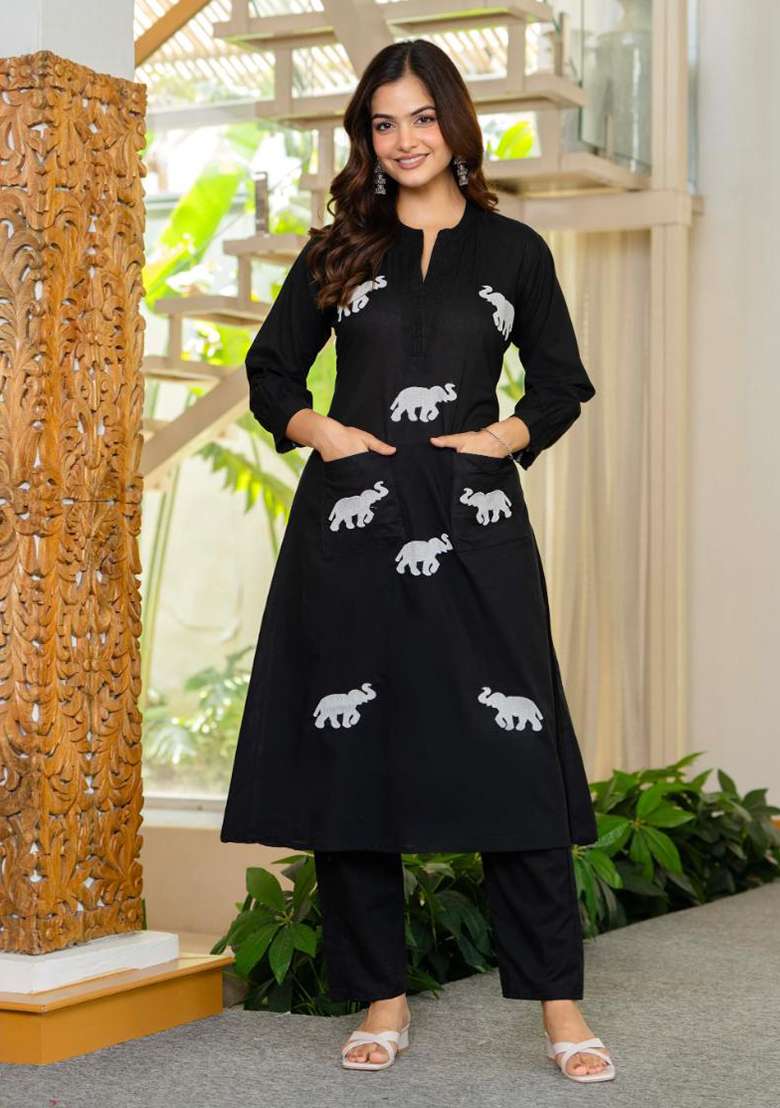Black Embroidered Cotton A Line Kurta Set - Indya