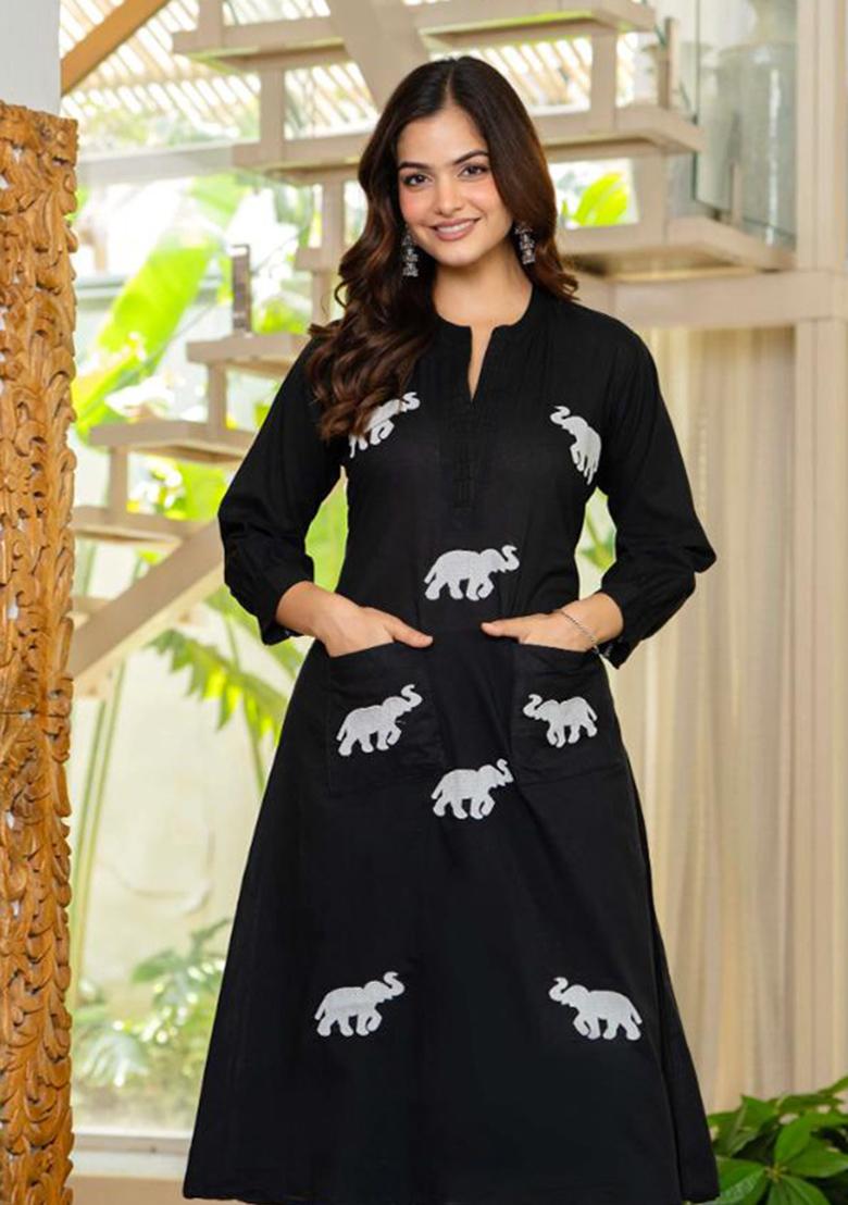 Black Printed Cotton Kurta Set - Indya