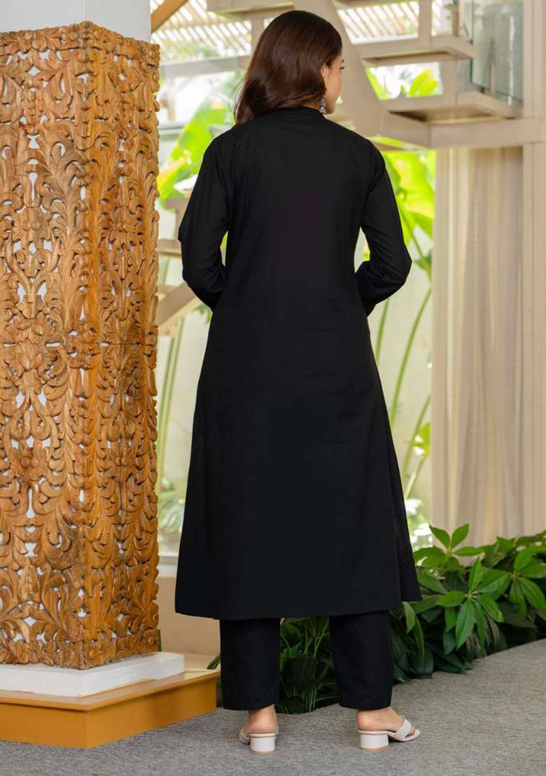 Black Embroidered Cotton A Line Kurta Set - Indya