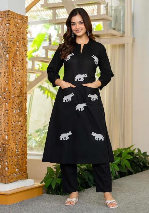 Black Printed Cotton Kurta Set