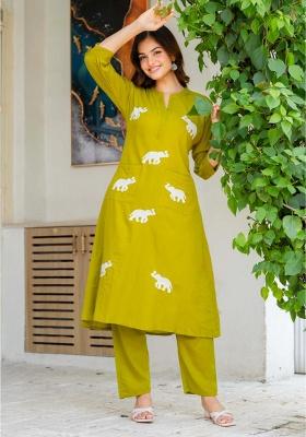 Green Embroidered Cotton A Line Kurta Set