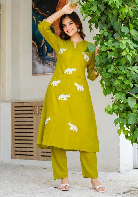 Green Printed Cotton Kurta Set