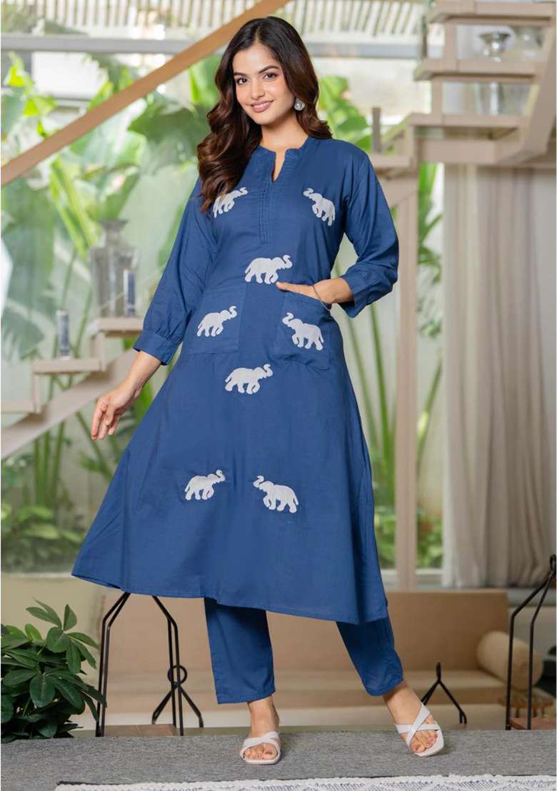 Dark Blue Embroidered Cotton A Line Kurta Set - Indya