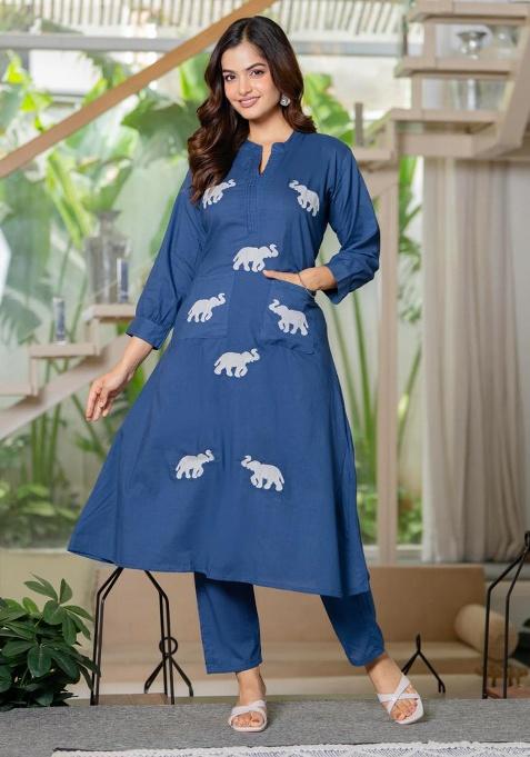 Dark Blue Printed Cotton Kurta Set