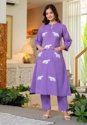 Blue Embroidered Cotton A Line Kurta Set