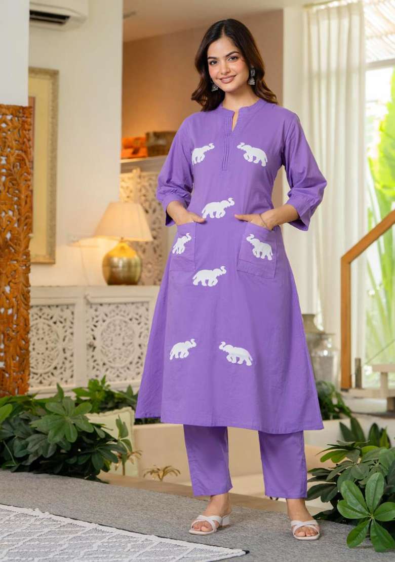 Blue Embroidered Cotton A Line Kurta Set - Indya
